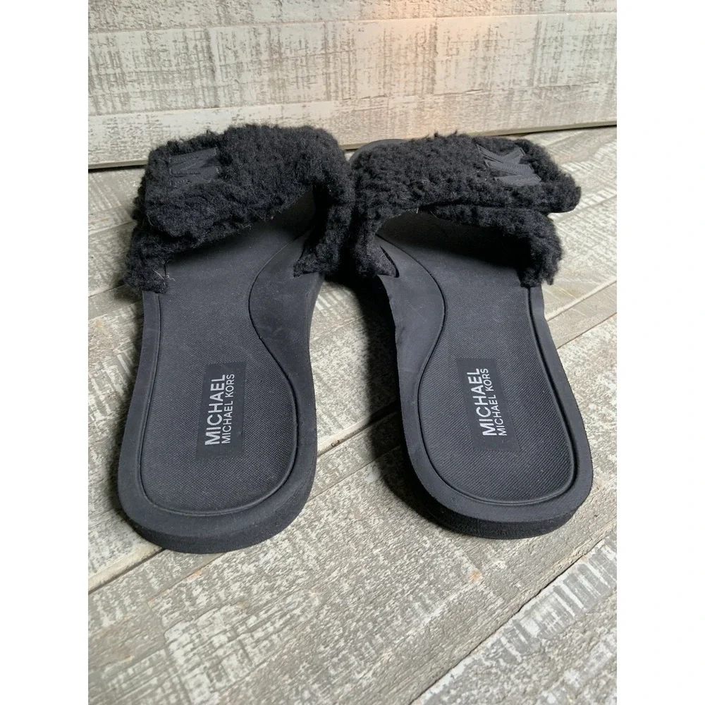 Michael Kors Faux Fur Slides Sandals Women's Size 7 Flip Flops Black On Black